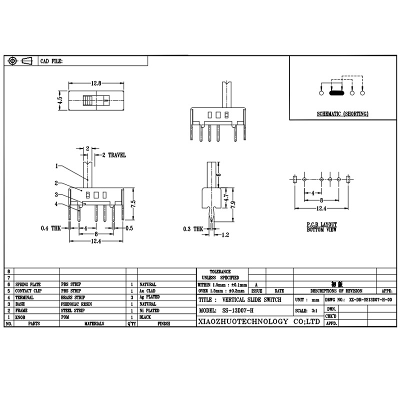 slide switch SS13D07 Single-row four-pin micro toggle switch , vertical toggle switch for electrical appliances, 3, 4, 5, and 6 positions sliding switch