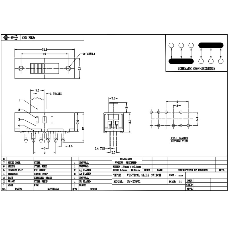 slide switch SS23F10 Three-speed sliding switch for LED light color temperature adjustment and high-speed hair dryer motor
